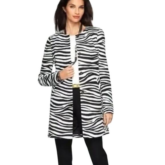 Talbots Women Plus Zebra Print Cotton Blend Collarless Longline Blazer Size 14W - Picture 1 of 13